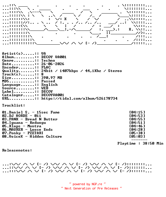 NFO for the release VA-DECOY_VA001-DECOYVA001-24BIT-WEB-FLAC-2026-WAVED by WAVED