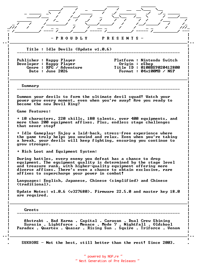 NFO for the release Idle_Devils_Update_v1.0.6_NSW-SUXXORS by SUXXORS