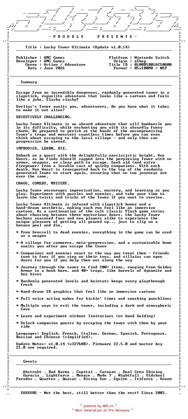 NFO for the release Lucky_Tower_Ultimate_Update_v1.0.14_NSW-SUXXORS by SUXXORS