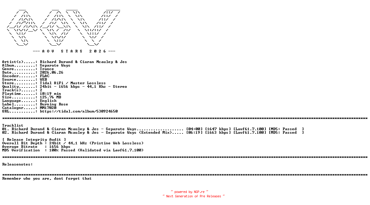 NFO for the release Richard_Durand_and_Ciaran_Mcauley_and_Jes-Separate_Ways-(MM17020)-24BIT-WEB-FLAC-2026-AOVF by AOVF