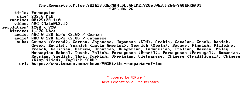 NFO for the release The.Ramparts.of.Ice.S01E13.GERMAN.DL.ANiME.720p.WEB.h264-SAUERKRAUT by SAUERKRAUT