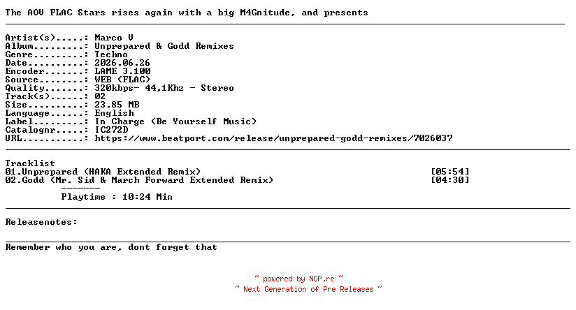 NFO for the release Marco_V-Unprepared_And_Godd_Remixes-(IC272D)-WEB-2026-AOV by AOV