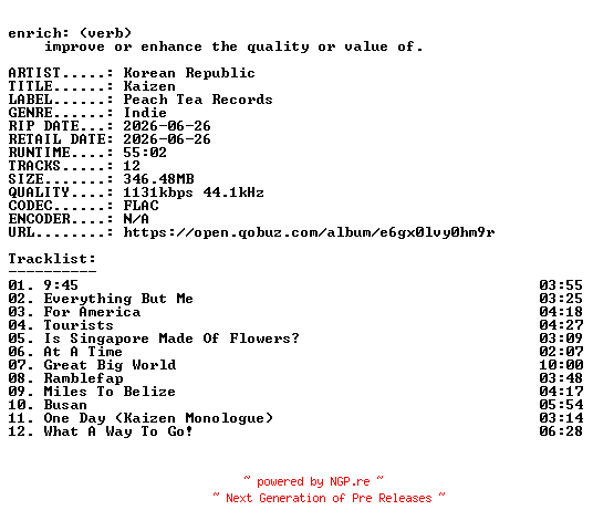 NFO for the release Korean_Republic-Kaizen-16BIT-WEB-FLAC-2026-ENRiCH by ENRiCH