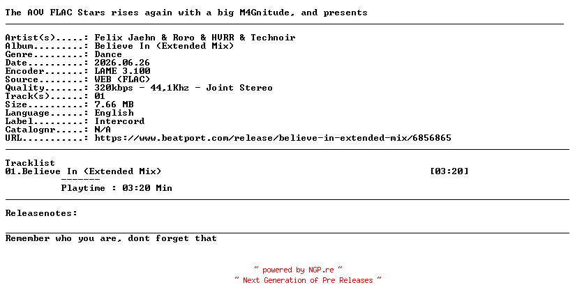 NFO for the release Felix_Jaehn_And_Roro_And_HVRR_And_Technoir-Believe_In_(Extended_Mix)-SINGLE-WEB-2026-AOV by AOV
