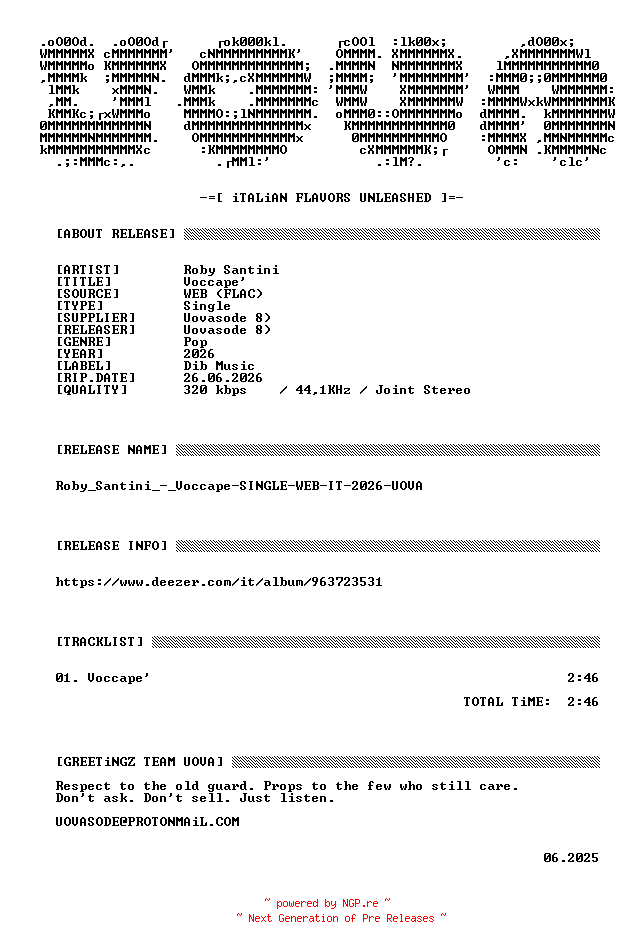 NFO for the release Roby_Santini_-_Voccape-SINGLE-WEB-IT-2026-UOVA by UOVA
