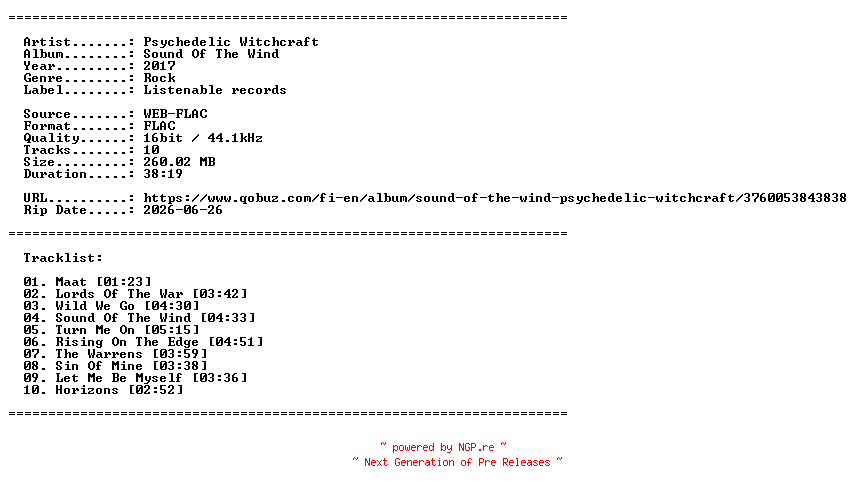 NFO for the release Psychedelic_Witchcraft-Sound_Of_The_Wind-16BIT-WEB-FLAC-2017-LLC by LLC
