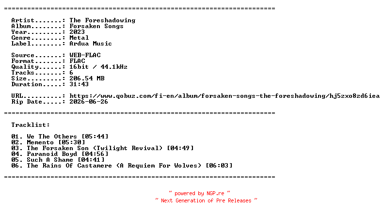 NFO for the release The_Foreshadowing-Forsaken_Songs-16BIT-WEB-FLAC-2023-LLC by LLC