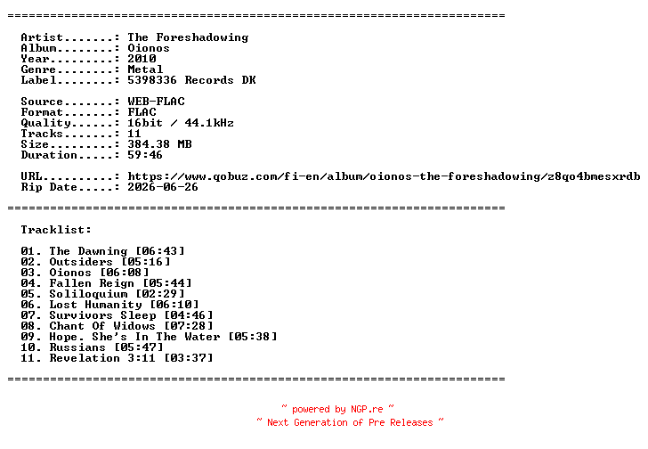 NFO for the release The_Foreshadowing-Oionos-16BIT-WEB-FLAC-2010-LLC by LLC