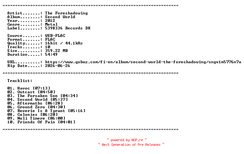 NFO for the release The_Foreshadowing-Second_World-16BIT-WEB-FLAC-2012-LLC by LLC