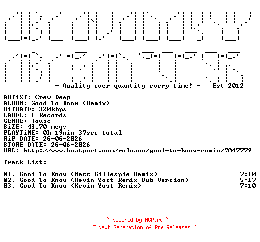 NFO for the release Crew_Deep-Good_To_Know_(Remix)-(IRECEPIREC1364D3TRSPDBP)-WEB-2026-BB by BB
