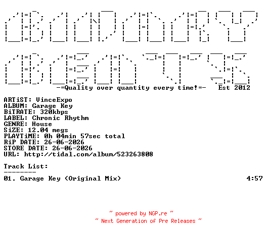 NFO for the release Vinceexpo-Garage_Key-(CHR098)-SINGLE-WEB-2026-BB by BB