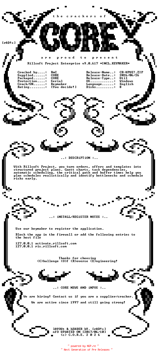 NFO for the release Rillsoft.Project.Enterprise.v9.0.617.Incl.Keymaker-CORE by CORE