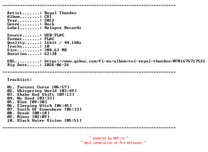 NFO for the release Royal_Thunder-CVI-16BIT-WEB-FLAC-2012-LLC by LLC