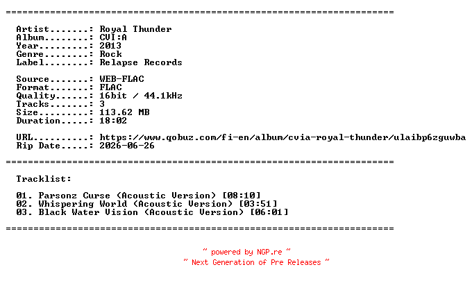 NFO for the release Royal_Thunder-CVIA-EP-16BIT-WEB-FLAC-2013-LLC by LLC