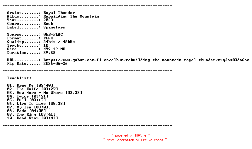 NFO for the release Royal_Thunder-Rebuilding_The_Mountain-24BIT-WEB-FLAC-2023-LLC_INT by LLC_INT