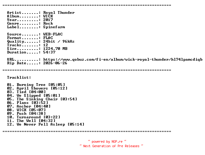 NFO for the release Royal_Thunder-WICK-24BIT-WEB-FLAC-2017-LLC_INT by LLC_INT