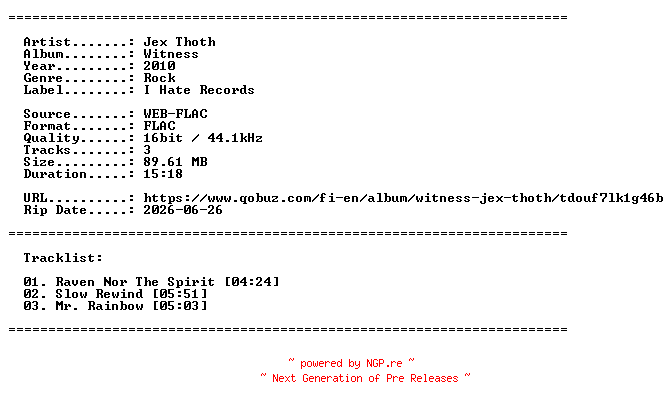 NFO for the release Jex_Thoth-Witness-EP-16BIT-WEB-FLAC-2010-LLC by LLC