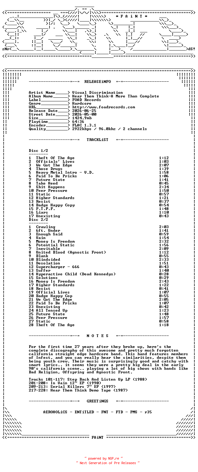 NFO for the release Visual_Discrimination-Hear_Them_Think-A_More_Than_Complete_Discography_1987-1999-2VINYL-FLAC-2026-FAiNT by FAiNT