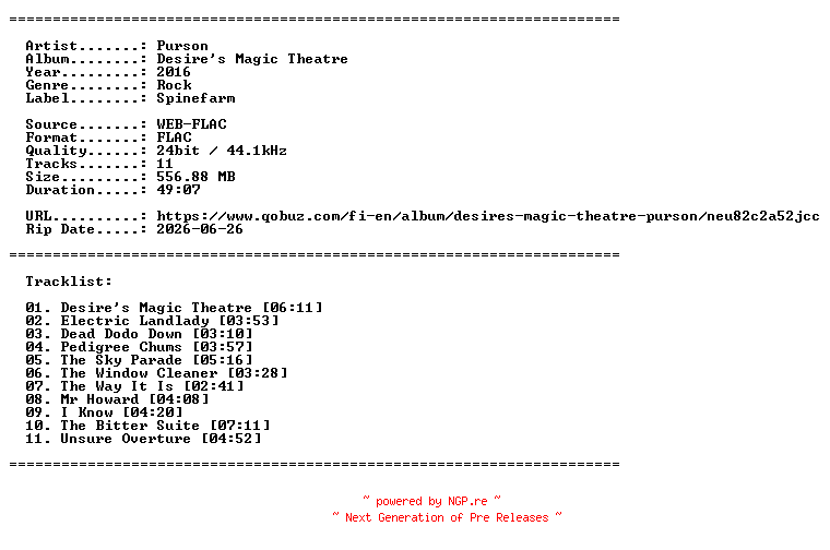 NFO for the release Purson-Desires_Magic_Theatre-24BIT-WEB-FLAC-2016-LLC_INT by LLC_INT