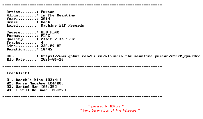 NFO for the release Purson-In_The_Meantime-EP-24BIT-WEB-FLAC-2014-LLC by LLC
