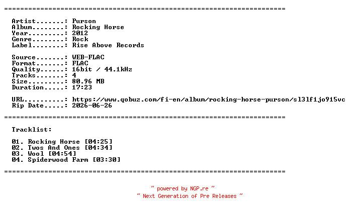 NFO for the release Purson-Rocking_Horse-16BIT-WEB-FLAC-2012-LLC by LLC