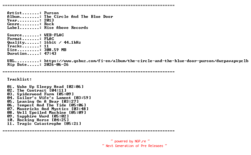 NFO for the release Purson-The_Circle_And_The_Blue_Door-16BIT-WEB-FLAC-2013-LLC_INT by LLC_INT