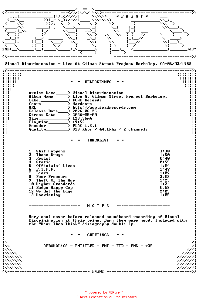 NFO for the release Visual_Discrimination-Live_At_Gilman_Street_Project_Berkeley_CA-06-02-1988-BONUS-CD-FLAC-2026-FAiNT by FAiNT