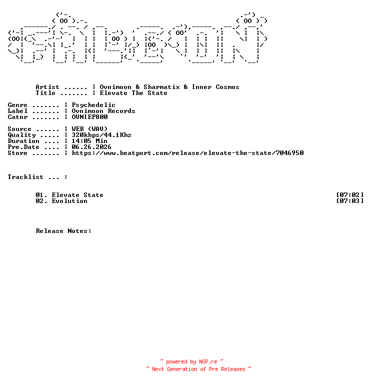 NFO for the release Ovnimoon_And_Sharmatix_And_Inner_Cosmos-Elevate_The_State-(OVNIEP800)-WEB-2026-FALCON by FALCON