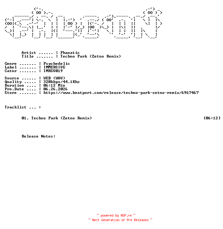 NFO for the release Phanatic-Techno_Park_Zetno_Remix-(IMRSV019)-SINGLE-WEB-2026-FALCON by FALCON