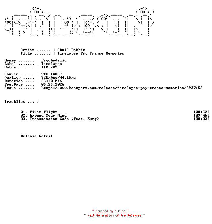 NFO for the release Skull_Rabbit-Timelapse_Psy_Trance_Memories-(TIME202)-WEB-2026-FALCON by FALCON