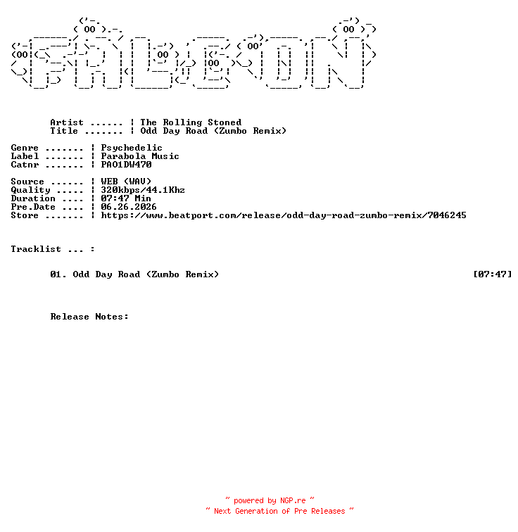 NFO for the release The_Rolling_Stoned-Odd_Day_Road_ZUMBO_Remix-(PAO1DW470)-SINGLE-WEB-2026-FALCON by FALCON