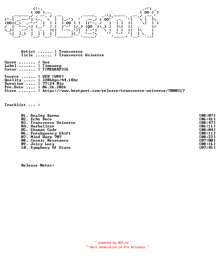 NFO for the release Transverse-Transverse_Universe-(TIMEWARP336)-WEB-2026-FALCON by FALCON