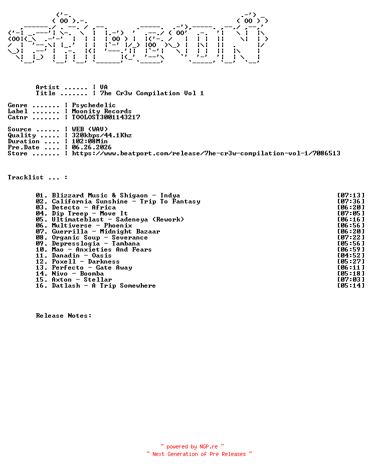 NFO for the release VA-7HE_CR3W_COMPILATION_VOL_1-(TOOLOST3001143217)-WEB-2026-FALCON by FALCON