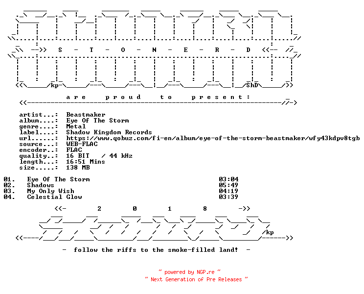 NFO for the release Beastmaker-Eye_Of_The_Storm-16BIT-WEB-FLAC-2019-STONERD by STONERD
