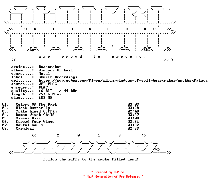 NFO for the release Beastmaker-Windows_Of_Evil-16BIT-WEB-FLAC-2018-STONERD by STONERD