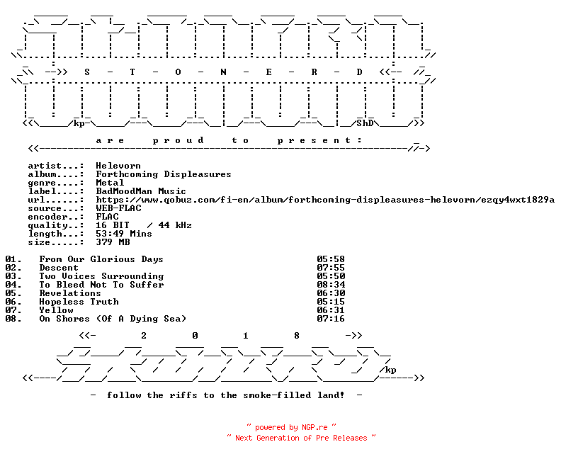 NFO for the release Helevorn-Forthcoming_Displeasures-16BIT-WEB-FLAC-2010-STONERD by STONERD
