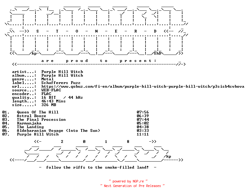 NFO for the release Purple_Hill_Witch-Purple_Hill_Witch-16BIT-WEB-FLAC-2014-STONERD by STONERD