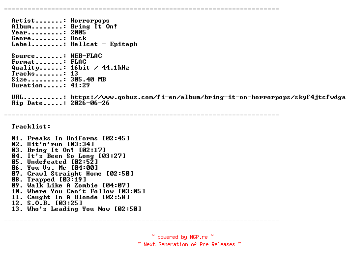 NFO for the release Horrorpops-Bring_It_On-16BIT-WEB-FLAC-2005-LLC by LLC