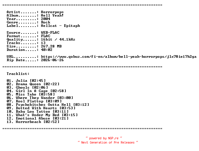 NFO for the release Horrorpops-Hell_Yeah-16BIT-WEB-FLAC-2004-LLC by LLC