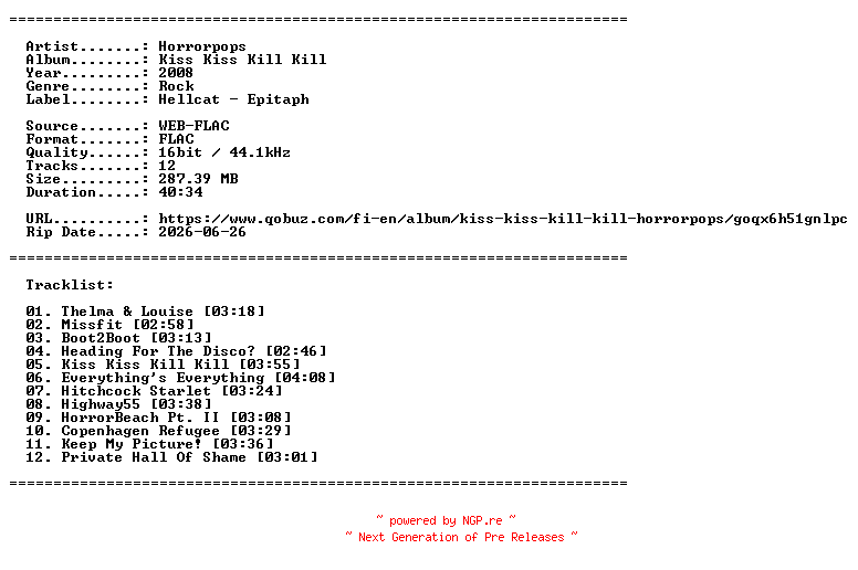 NFO for the release Horrorpops-Kiss_Kiss_Kill_Kill-16BIT-WEB-FLAC-2008-LLC_INT by LLC_INT
