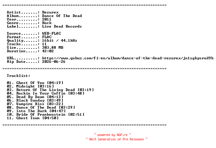 NFO for the release Rezurex-Dance_Of_The_Dead-16BIT-WEB-FLAC-2011-LLC by LLC