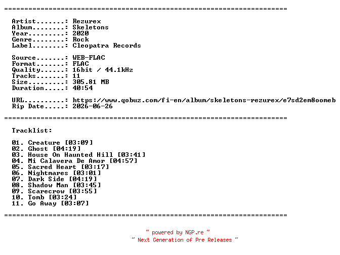 NFO for the release Rezurex-Skeletons-16BIT-WEB-FLAC-2020-LLC by LLC