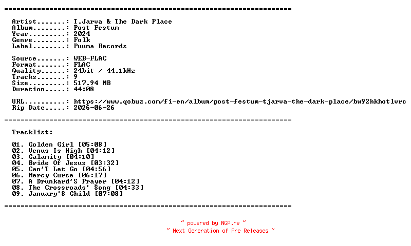 NFO for the release T.Jarva_and_The_Dark_Place-Post_Festum-24BIT-WEB-FLAC-2024-LLC by LLC