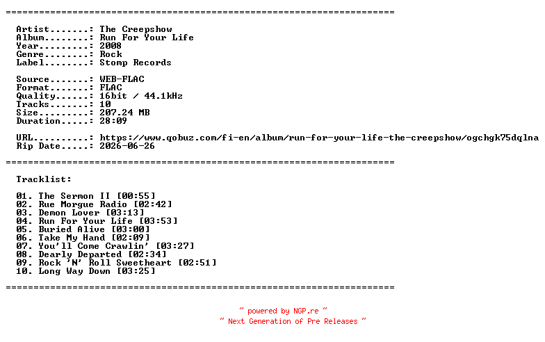 NFO for the release The_Creepshow-Run_For_Your_Life-16BIT-WEB-FLAC-2008-LLC_INT by LLC_INT