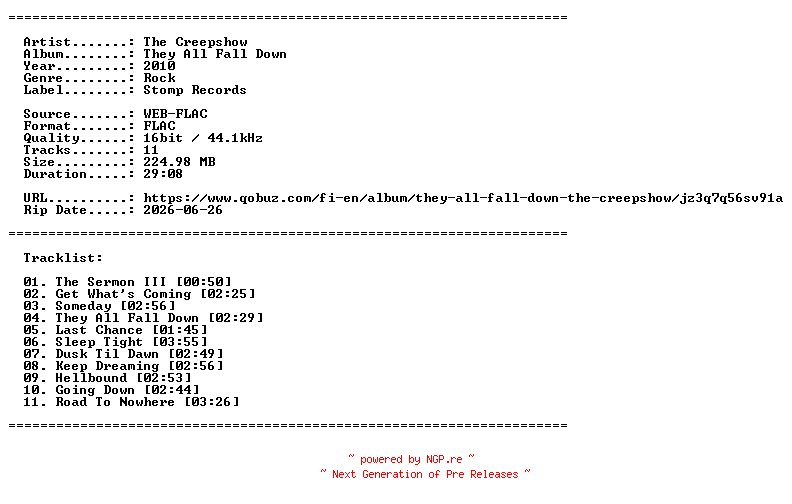 NFO for the release The_Creepshow-They_All_Fall_Down-16BIT-WEB-FLAC-2010-LLC_INT by LLC_INT