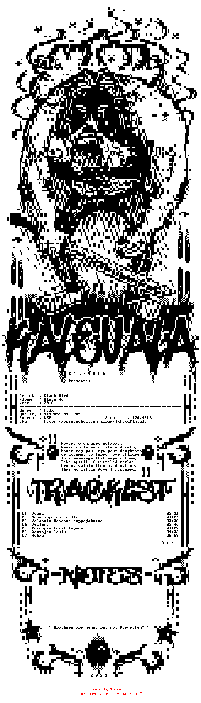NFO for the release Slack_Bird-Aleta_Au-FI-16BIT-WEB-FLAC-2018-KALEVALA by KALEVALA