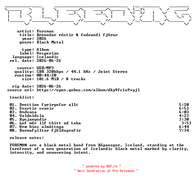 NFO for the release Forsman-Brenndar_rustir_og_fudrandi_fjoerur-IS-WEB-2026-BLEEDiNG by BLEEDiNG