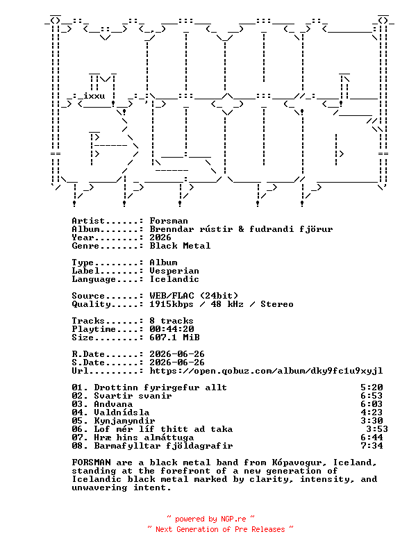 NFO for the release Forsman-Brenndar_rustir_og_fudrandi_fjoerur-IS-24BIT-WEB-FLAC-2026-MOONBLOOD by MOONBLOOD
