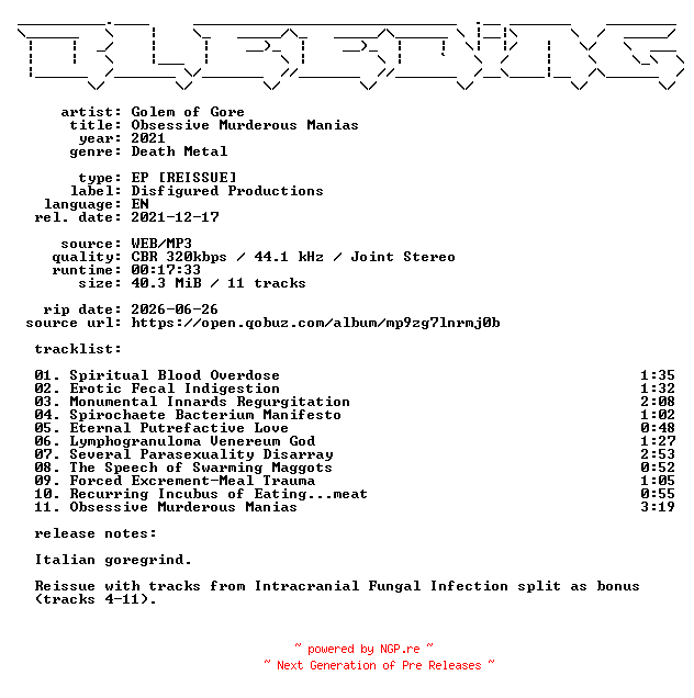 NFO for the release Golem_of_Gore-Obsessive_Murderous_Manias-Reissue-EP-WEB-2021-BLEEDiNG by BLEEDiNG