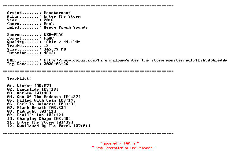 NFO for the release Monsternaut-Enter_The_Storm-16BIT-WEB-FLAC-2018-LLC by LLC